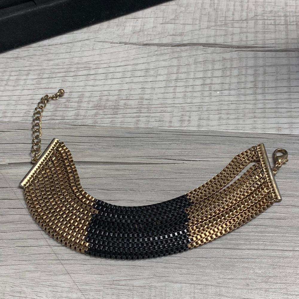 Two Tone Multi Strand Box Chain Bracelet Gold Black Wide Cuff Adjustable 7-8 In
